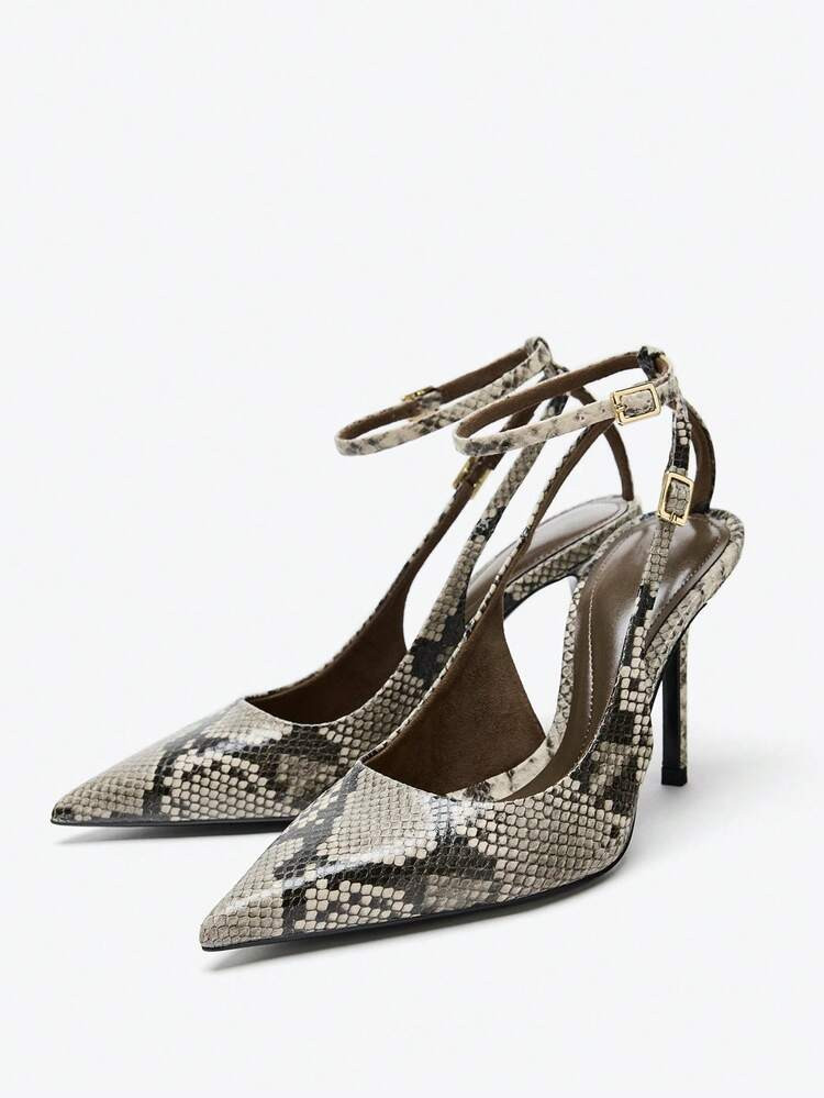 Sexy Buckle Strap Beach New Women's Shoes Pointed Toe High Heel Sandals, Spring/Summer, Material: High Heel Shoes, Backless Mules, Stiletto Heels, Sexy Party/Office Shoes, Animal Print Closed Toe High Heels With Metallic Buckle Ankle Strap | SHEIN