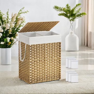 90L Laundry Hamper with Lid Laundry Clothes Hamper with 2 Removable Liner Bags Wicker Double Laundry Basket for Bathroom Natural | Target