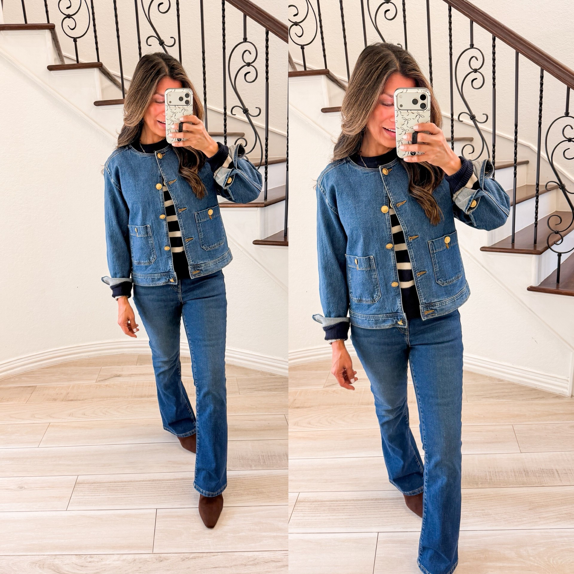 I’m 5’2” 118#ish for reference 
Bootcut jeans wearing my normal size in 2 short length.
Sweater in small tts.
Jacket in size Small. 
Mule boot heels fit tts.

Fall outfit, fall fashion for women over 50, over 50 style, midlife fashion, petite fashion,midlife women, affordable fashion, fashion over40