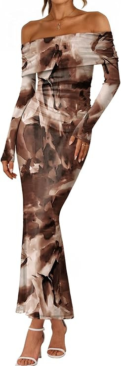 LILLUSORY Off The Shoulder Bodycon Floral Dress 2025 Fall Long Sleeve Maxi Wedding Guest Cocktail... | Amazon (US)
