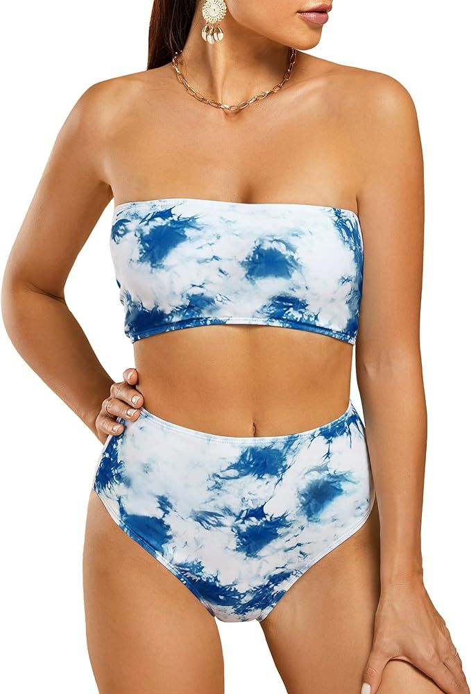 Ferbia Women High Waisted Bandeau Bikini Set Strapless 2 Piece Bathing Suit Swimsuits Tie Wrap Sw... | Amazon (US)