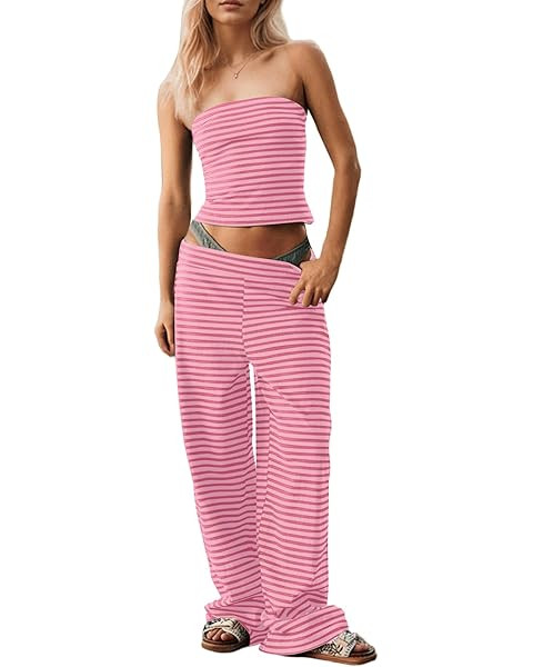 Womens Striped Pant Sets 2 Piece Strapless Tube Top and Wide Leg Pants Summer Casual Beach Outfit... | Amazon (US)