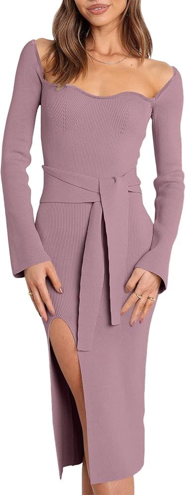 ANRABESS Women 2024 Fall Long Sleeve Bodycon Sweater Dress Sweetheart Neck Slim Fit Tie Waist Cut... | Amazon (US)