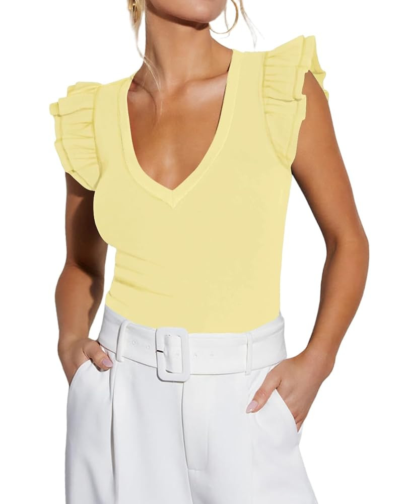 Ezbelle Women's Summer Sleeveless Tops V Neck Ruffle Shirts Ribbed Knit Tank Top Sexy Blouse Ladi... | Amazon (US)