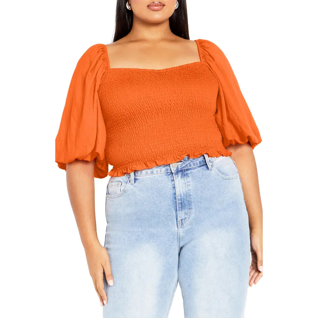 City Chic Chrysie Smocked Crop Top in Orange at Nordstrom, Size 20W | Nordstrom