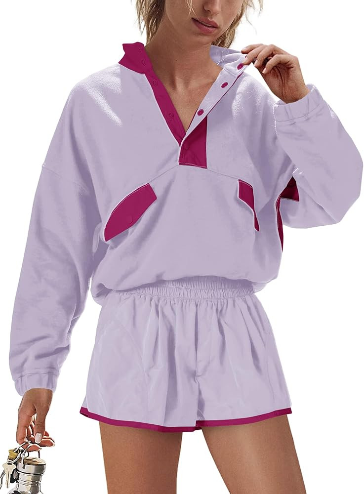 Panadila Womens 2 Piece Workout Sets Gym Active Wear Sets Long Sleeve Sweatshirt and Shorts Sweat... | Amazon (US)