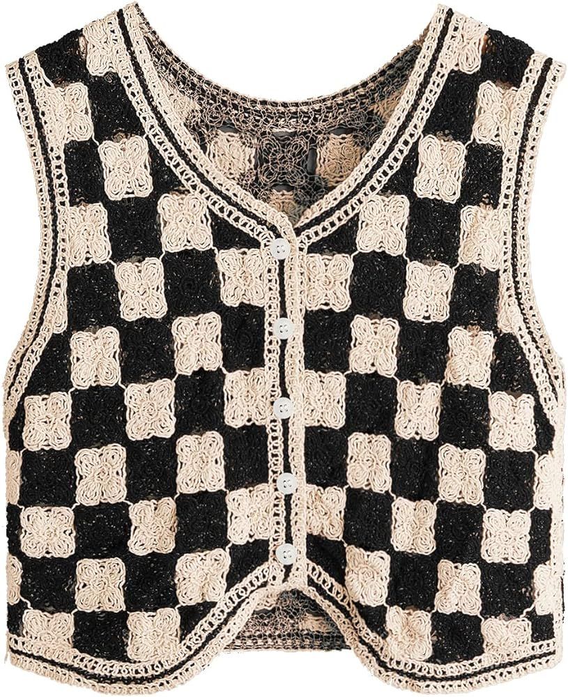 Verdusa Women's Button Front V Neck Sleeveless Crochet Plaid Checkered Knit Sweater Vest | Amazon (US)