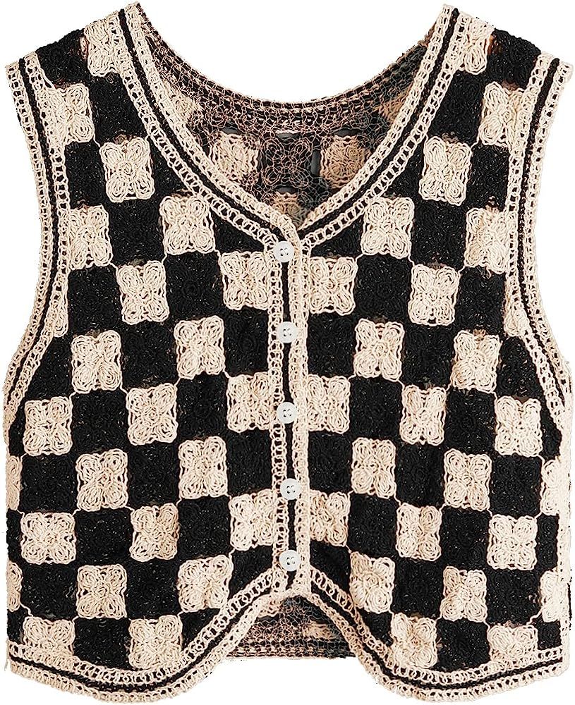 Women's Button Front V Neck Sleeveless Checkered Knit Sweater Vest | Amazon (US)