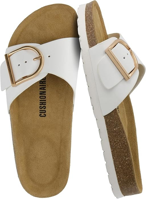 Amazon.com | CUSHIONAIRE Leeds Sandals for Women, Slip On Big Buckle Slide Womens Sandals with Me... | Amazon (US)
