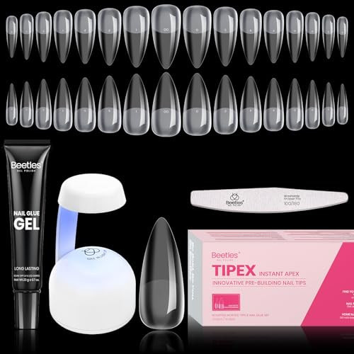 Beetles Tipex Instant Apex Nail Tips Kit, Medium Stiletto, 224 Pcs 16 Sizes Pre-Building Pre-Etched False Nail Tips with Tipex Nail Glue, Mini Nail Lamp | Amazon (US)