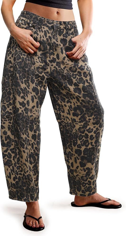 Women's Barrel Leopard Print Jeans Mid Rise Horseshoe Cropped Baggy Wide Leg Boyfriend Denim Pant... | Amazon (US)