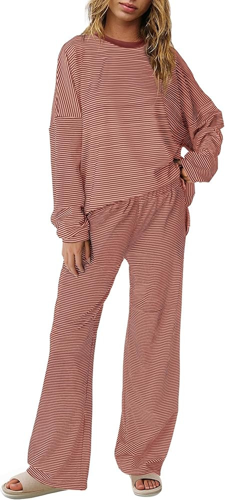 Panadila Womens 2 Piece Lounge Sets Striped Long Sleeve Pajama Set Oversized Tshirts Wide Leg Pan... | Amazon (US)