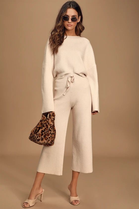 Snuggly Style Cream Ribbed Knit Wide-Leg Pants | Lulus (US)