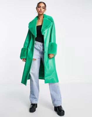Ever New faux fur belted PU coat in vibrant green | ASOS (Global)