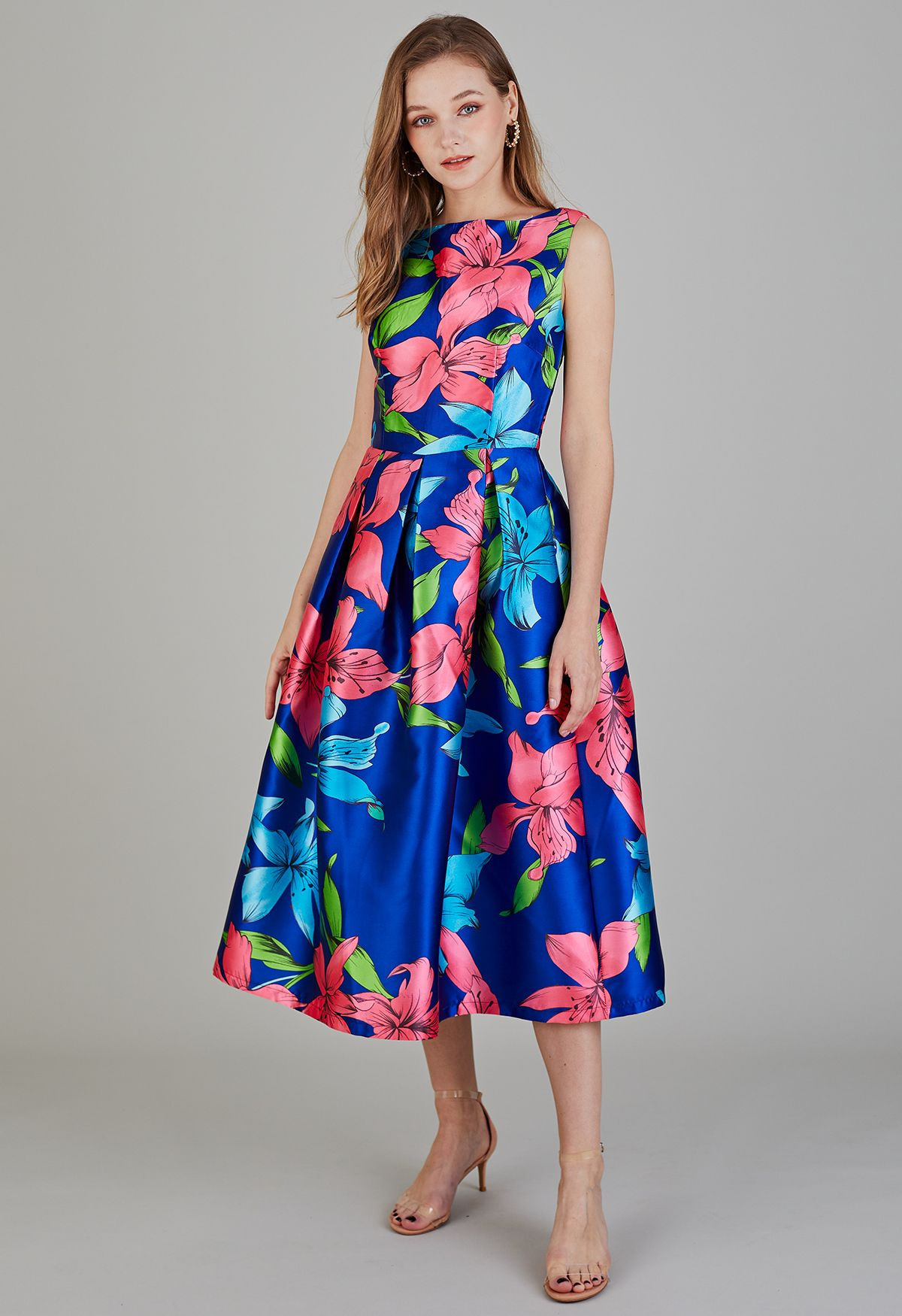 Flamboyant Blossom Sleeveless Midi Dress | Chicwish