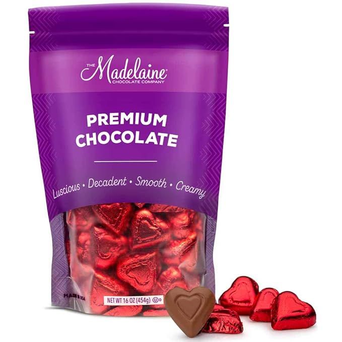 Madelaine Premium Chocolate Hearts Valentines Candy - Solid Milk Chocolate Heart Shaped Candy Wra... | Amazon (US)