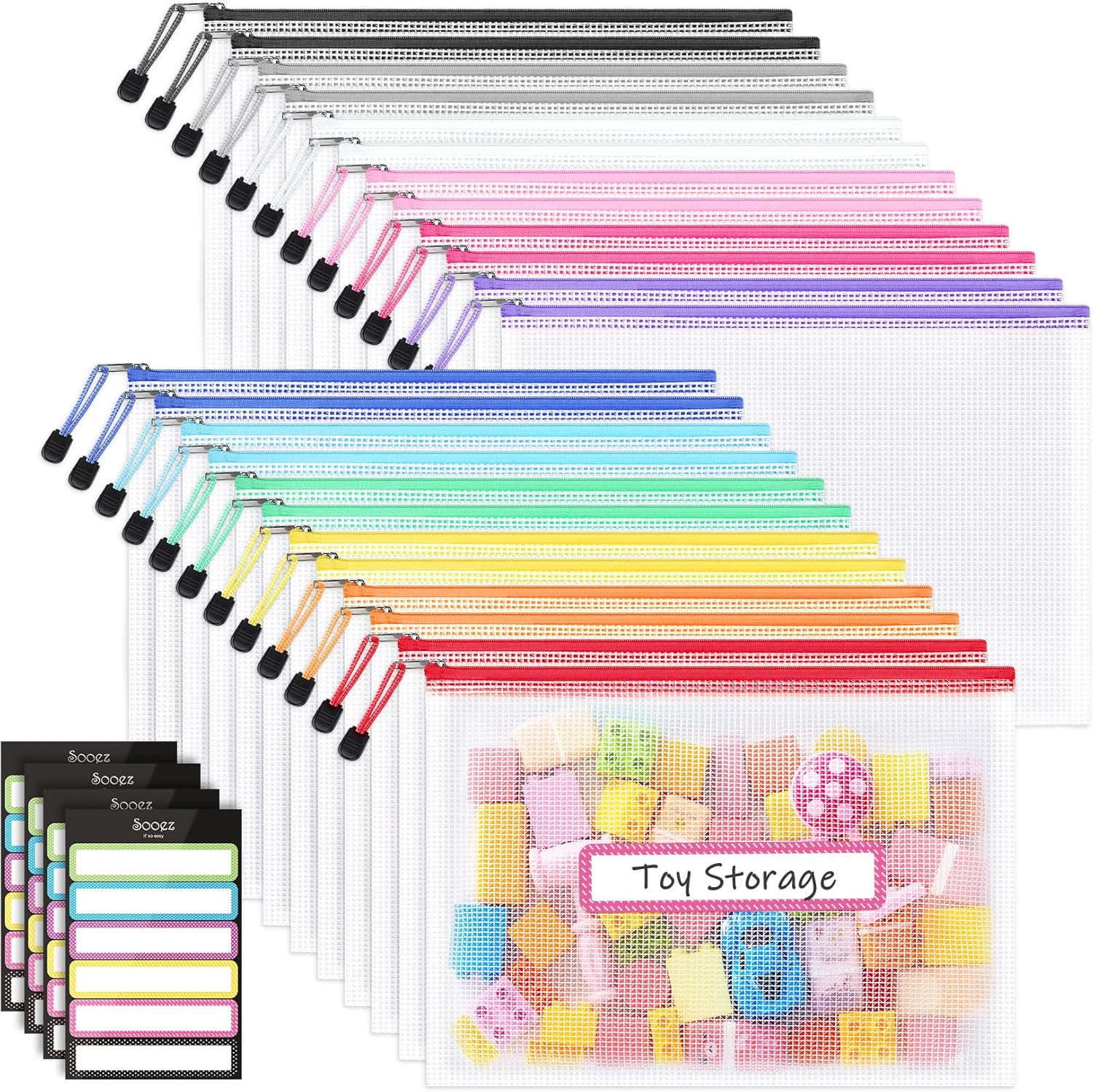 Sooez 24 Pack Mesh Zipper Pouch with Sticky Labels, A4 Mesh Bags, Toy Storage Board Game Puzzles ... | Amazon (US)