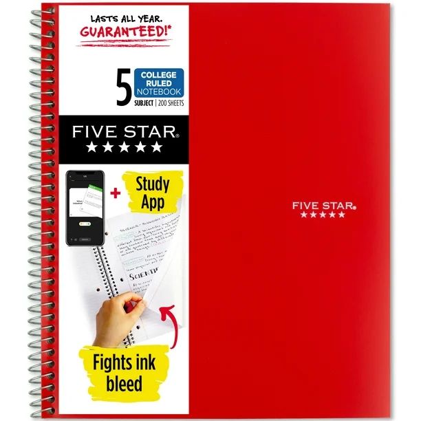 Five Star Wirebound Notebook Plus Study App, 5 Subject, College Ruled, 11" x 8 1/2", Fire (820004... | Walmart (US)
