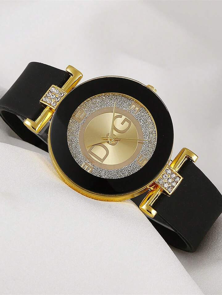 DQG 1pc Women's Black Silicone Strap Fashion Rhinestone Dial Quartz Watch For Daily Decoration | SHEIN