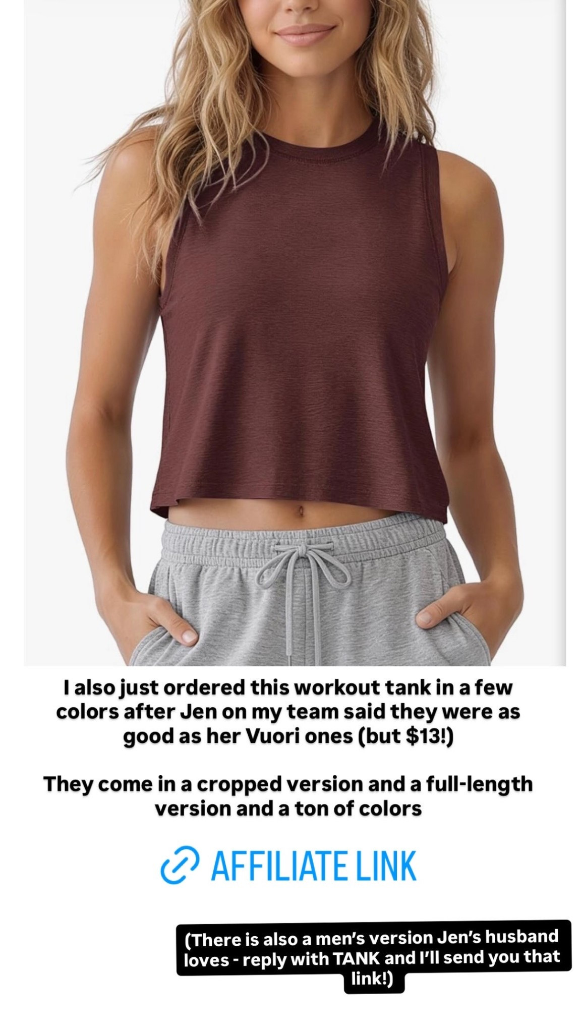 I just ordered the workout tank in a few colors after Jen on my team said they were as good as her Vuori ones (but $13!)

They come in a cropped version and a full-length version and a ton of colors.

#LTKActive