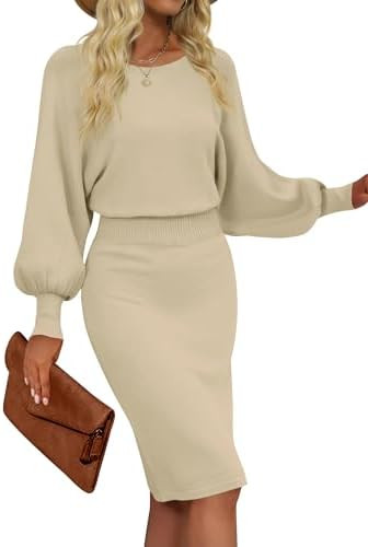 MIROL Women's Casual 2025 Long Puff Sleeve Solid Bodycon Midi Dress Ribbed Knit Oversized Pullove... | Amazon (US)