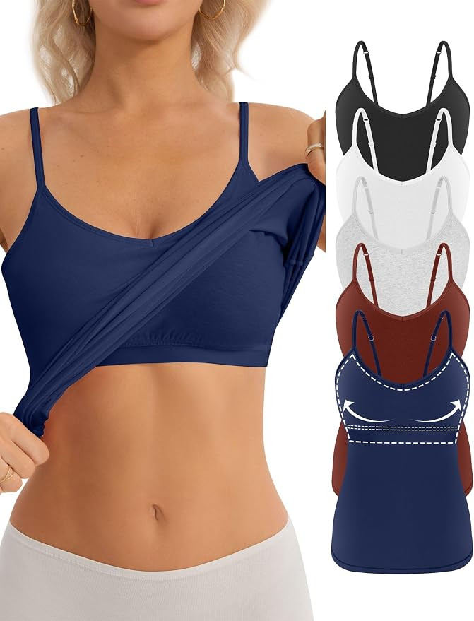 5 Pack Cotton Camisole with Built in Bra for Women V Neck Cami Basic Undershirts Adjustable Spagh... | Amazon (US)