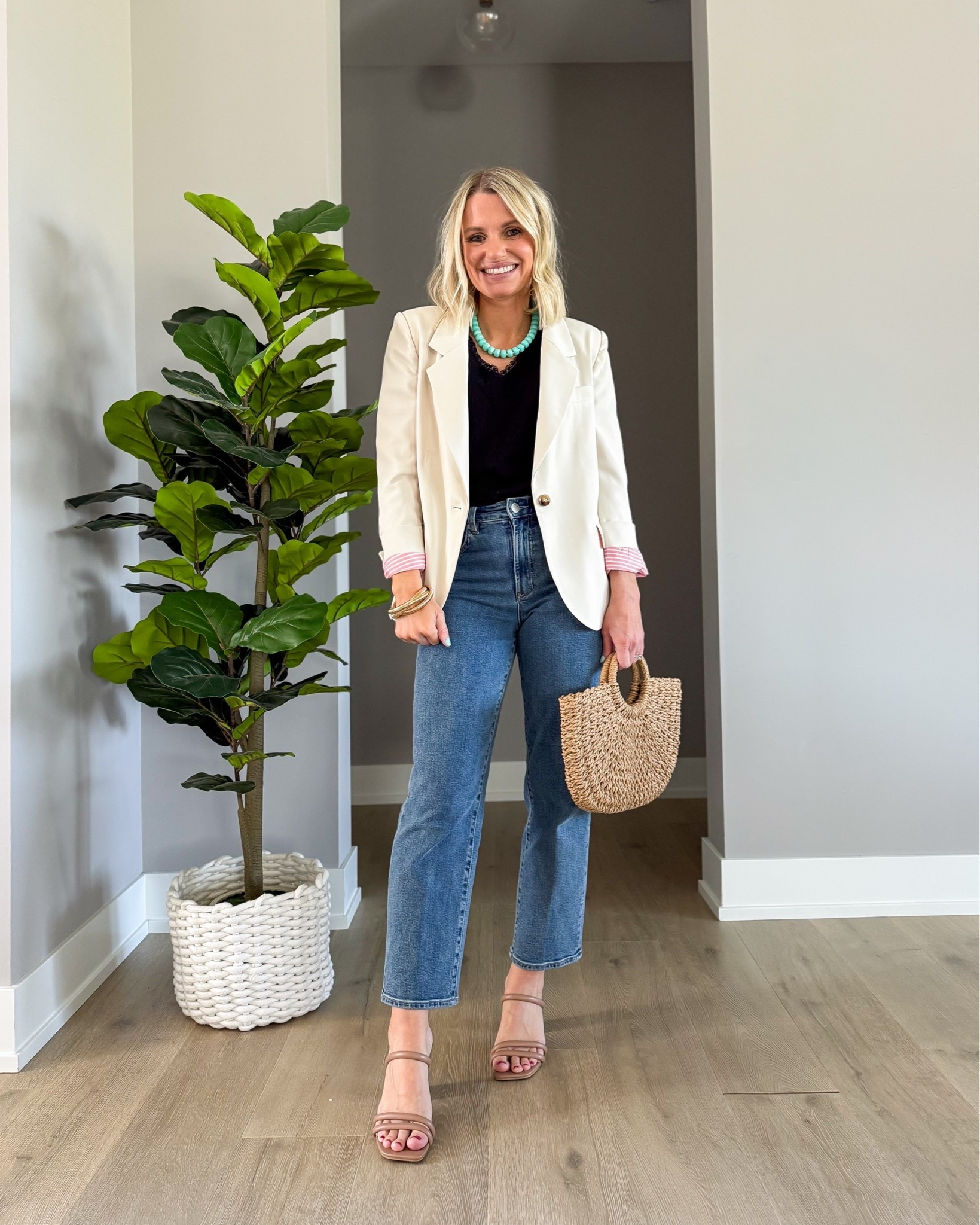 This is such a cute brunch outfit! 
Top- xs
Jeans- 25
Blazer- small
Use my code: DJXKATIE20 for 20% off at @dearjohndenim

#LTKPetite #LTKOver40 #LTKSeasonal