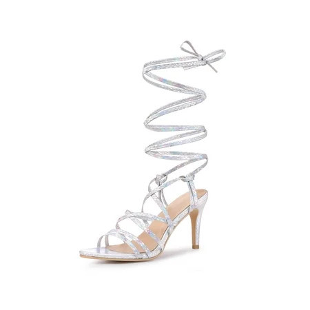 BLISSFUL STEP Snakeskin Print Strappy Lace Up Stiletto Heel Sandals for Women Silver (Size 8) | Walmart (US)