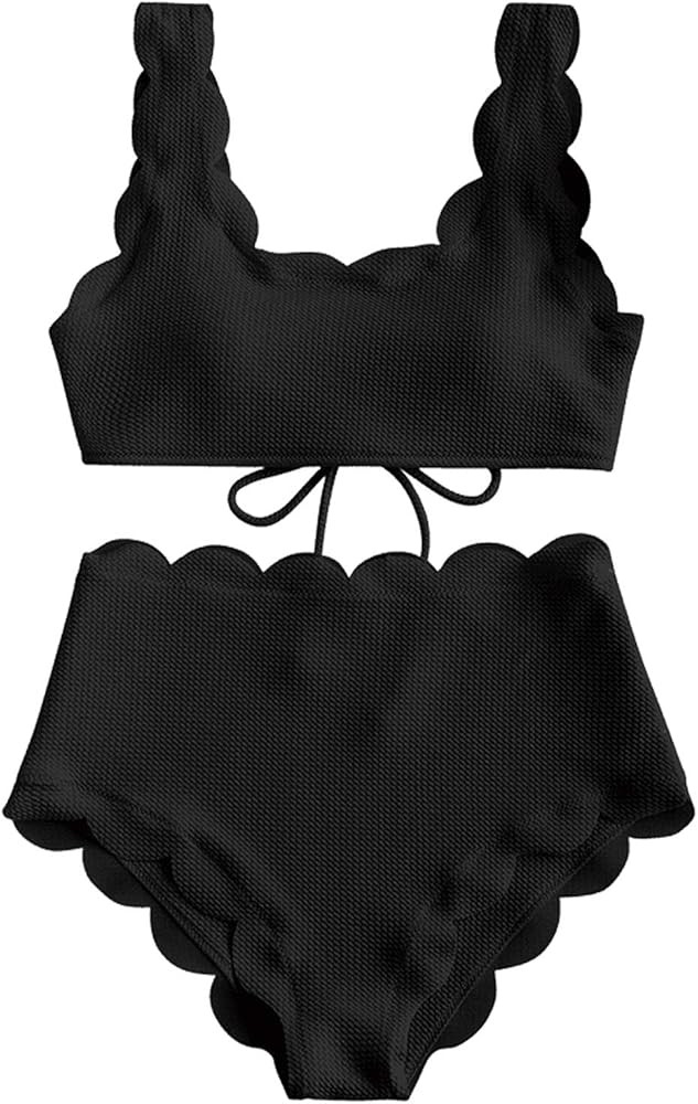 Women's Scalloped High Waisted Bikini Vintage Full Coverage Bottom Bathing Suit Swimwear | Amazon (US)