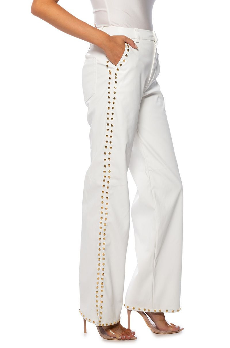 ALWAYS ON TIME FAUX LEATHER STUDDED WIDE LEG PANT IN WHITE | AKIRA