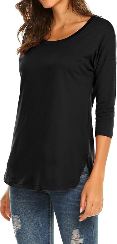 Sherosa Women's Casual 3/4 Sleeve Loose Tunic Tops Scoop Neck T-Shirt | Amazon (US)