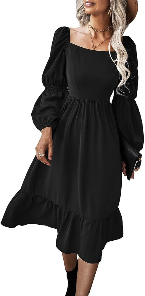 SHIBEVER Womens Dress Long Lantern Sleeve Formal Square Neck Flowy Casual Ruffle Ruched Loose Wed... | Amazon (US)