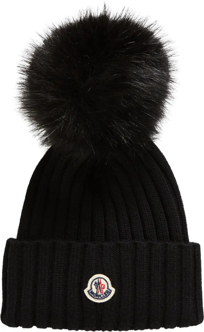 Virgin Wool Rib Beanie with Faux Fur Pompom | Nordstrom