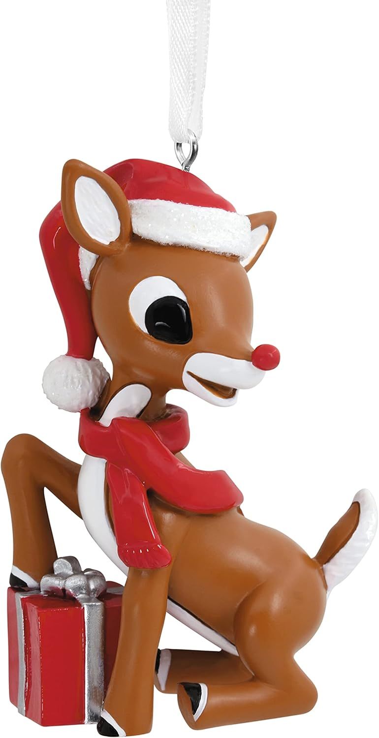 Hallmark Rudolph The Red-Nosed Reindeer in Santa Hat with Present Christmas Ornament | Amazon (US)