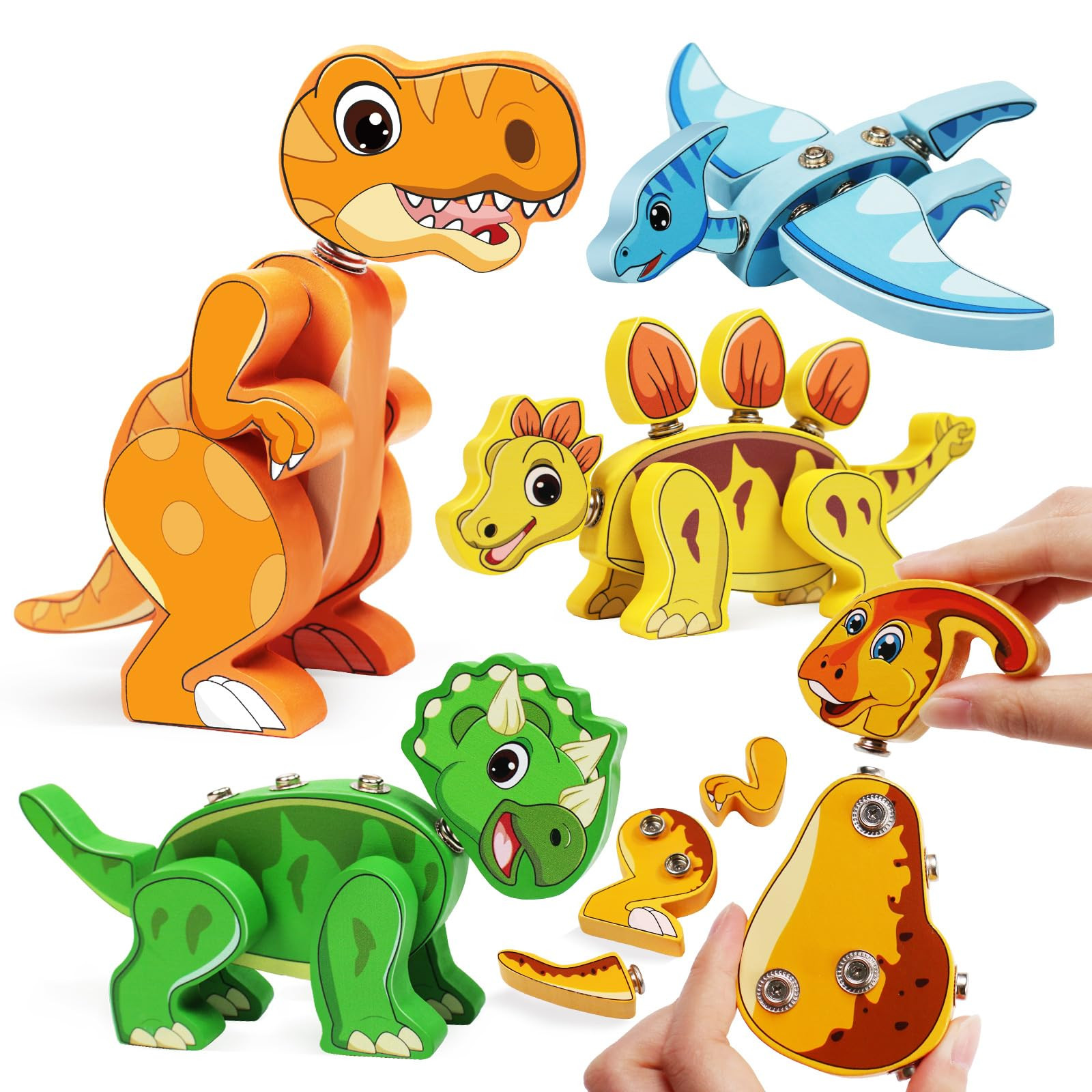 5PCS Dinosaur Snap Together Building Toys, Wooden Dinosaur Toys for Kids 3-5, 5-7, STEM Preschool... | Amazon (US)