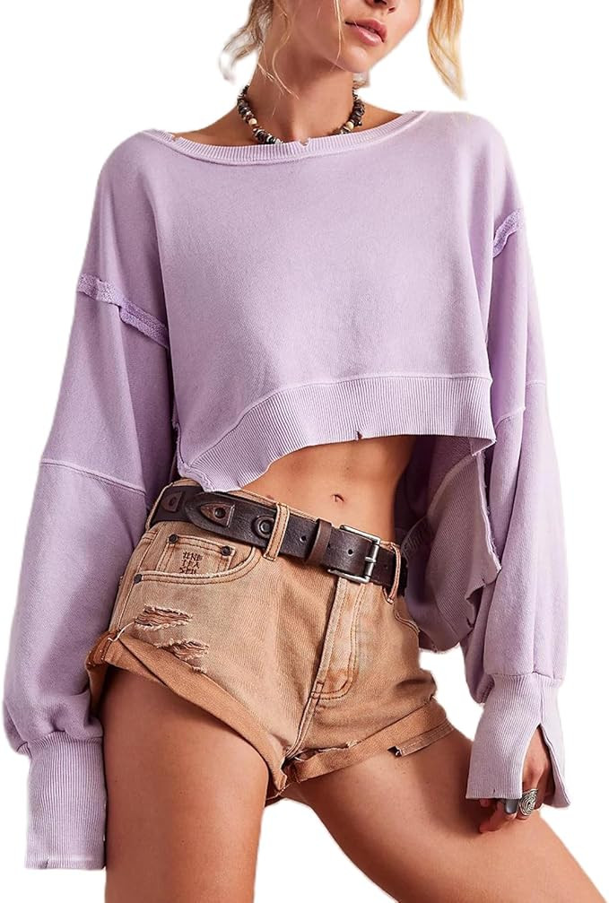 Yuemengxuan Womens Y2k Oversized Sweatshirt Scoop Neck Pullover Tops Batwing Sleeve Cropped Sweat... | Amazon (US)