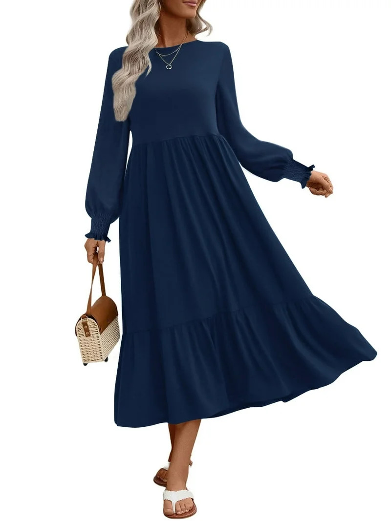 UVN Fall Long Dress for Women Crewneck Casual Long Sleeve Pleated Dresses with Pockets | Walmart (US)