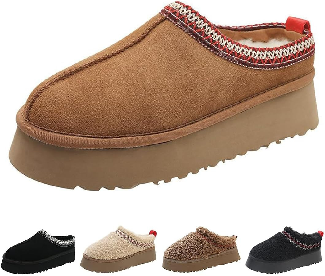 Women's Platform Mini Boots Slippers for Women Warm Fuzzy Slippers Fur Fleece Lined Slip on Suede... | Amazon (US)
