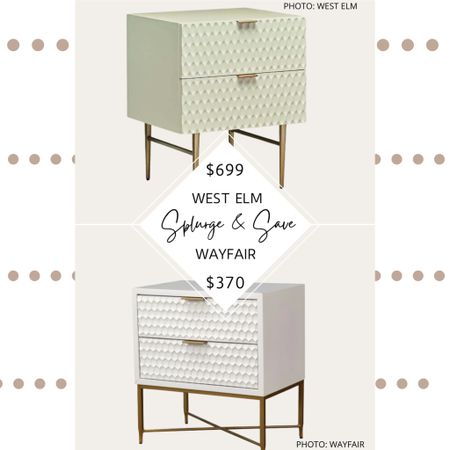🚨The Wayfair version is in stock and on sale for $254! There’s also an open box one for $270!🚨

The West Elm Audrey nightstand features a wood base, gold metal feet, minimalist drawer pulls, a geometric textured drawer face, a modern silhouette, and two drawers. 

Wayfair’s Capra Solid + Manufactured Wood Nightstand features geometric textured drawers, a wood frame, an open a metal base, X-shaped gold legs, a low profile, and comes in black, grey, taupe, and white. #westelm #nightstand #bedsidetable #bedroom #modern #home #homedecor #furniture West Elm Audrey nightstand dupe. West elm dupes. West Elm looks for less. West elm bedroom. Bedroom furniture. Affordable nightstand. Affordable bedside table. Wayfair dupes. West elm dupes from Wayfair. Modern nightstand. Modern bedroom. Splurge and Save. Spend and Save. Decorating on a budget. Affordable home decor.

#LTKSale #LTKFind #LTKhome