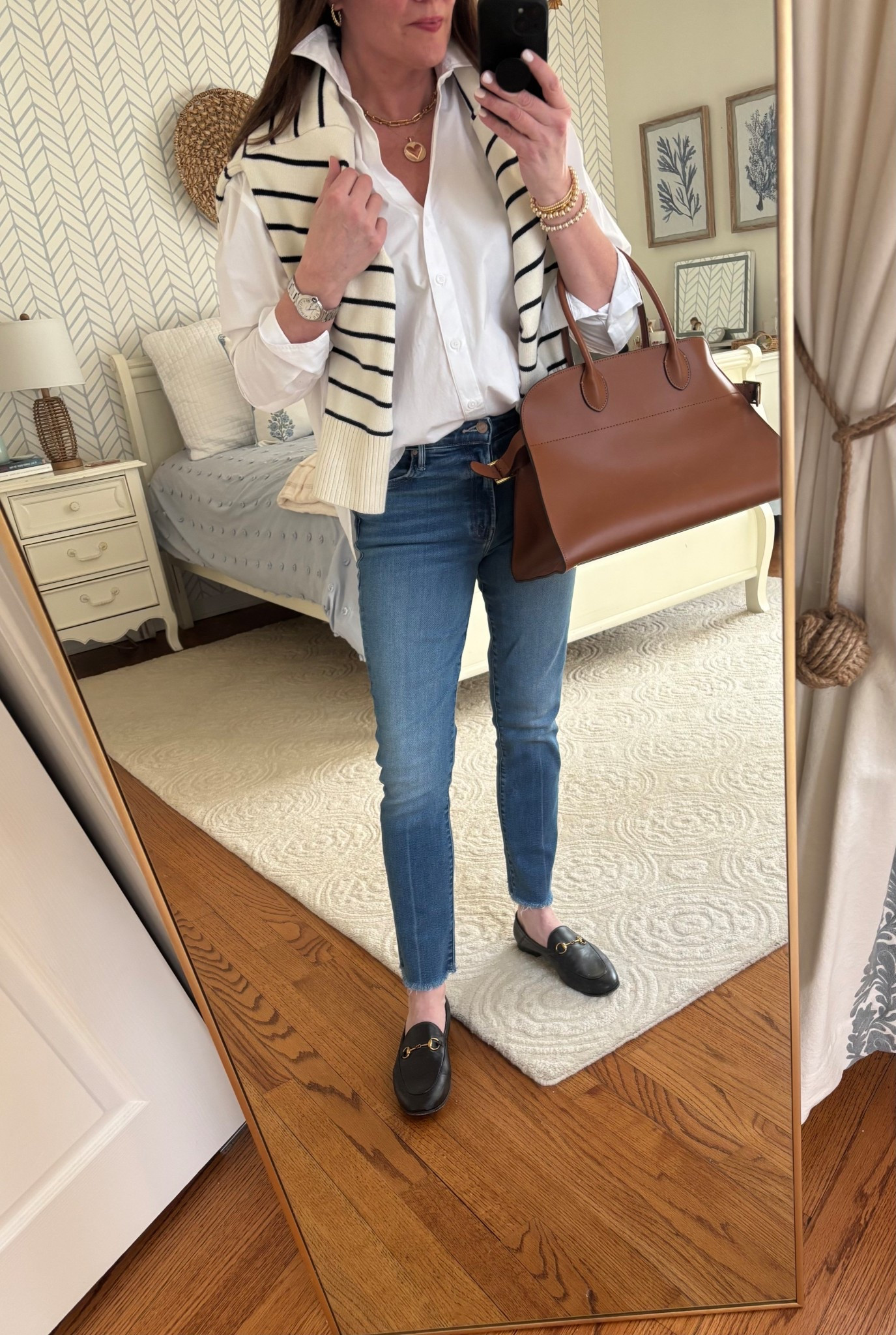 The easiest outfit formula…white button down, straight leg jean, a striped sweater, an loafers! A classic and comfortable all-day look!