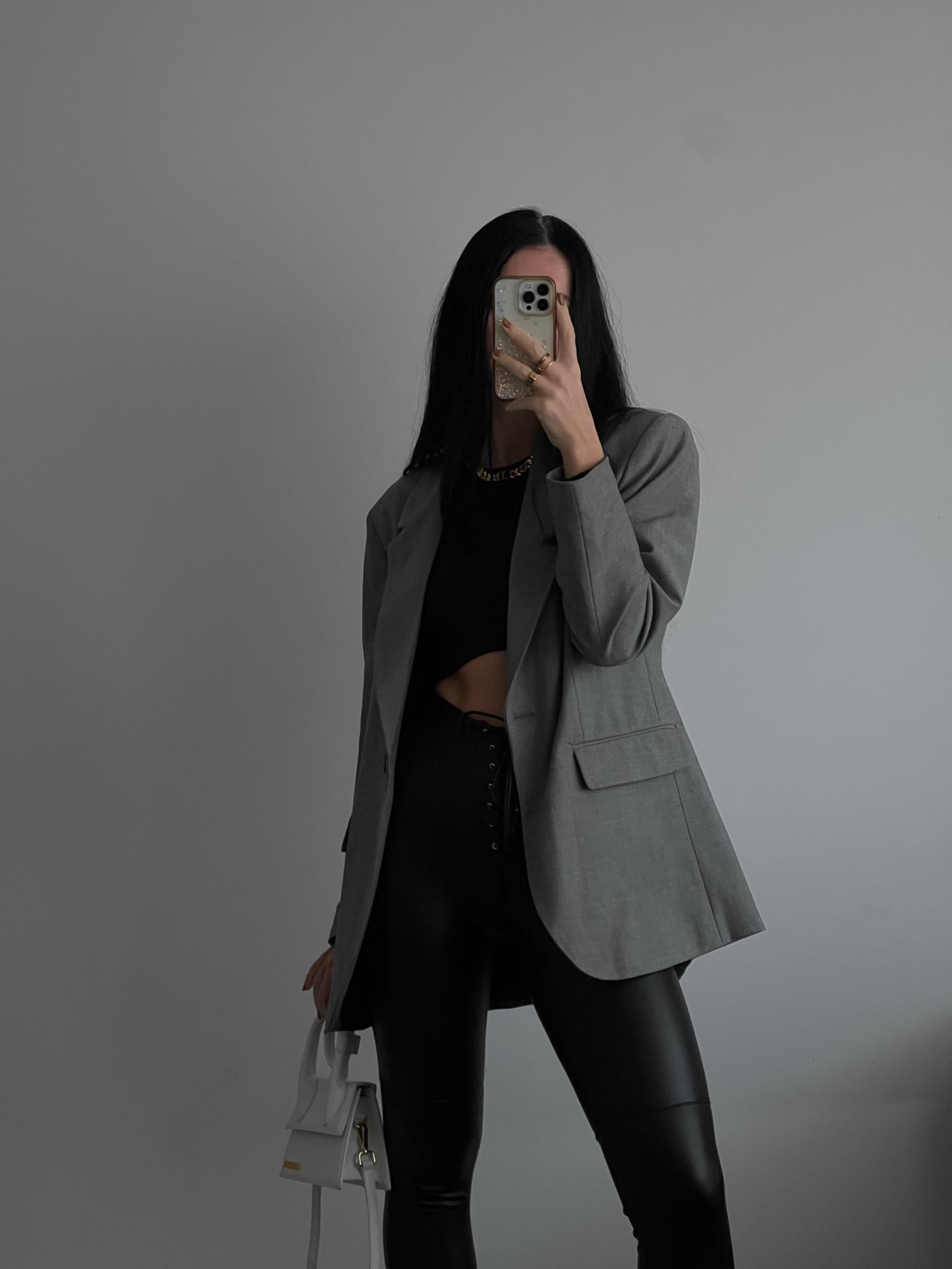 Casual outfit featuring leather leggings, oversized grey blazer, black crop top and jacquemus le chiquito noeud purse #casualoutfit #minimaloutfit #neutralstyle #neutraloutfit

#LTKSeasonal #LTKfit #LTKstyletip