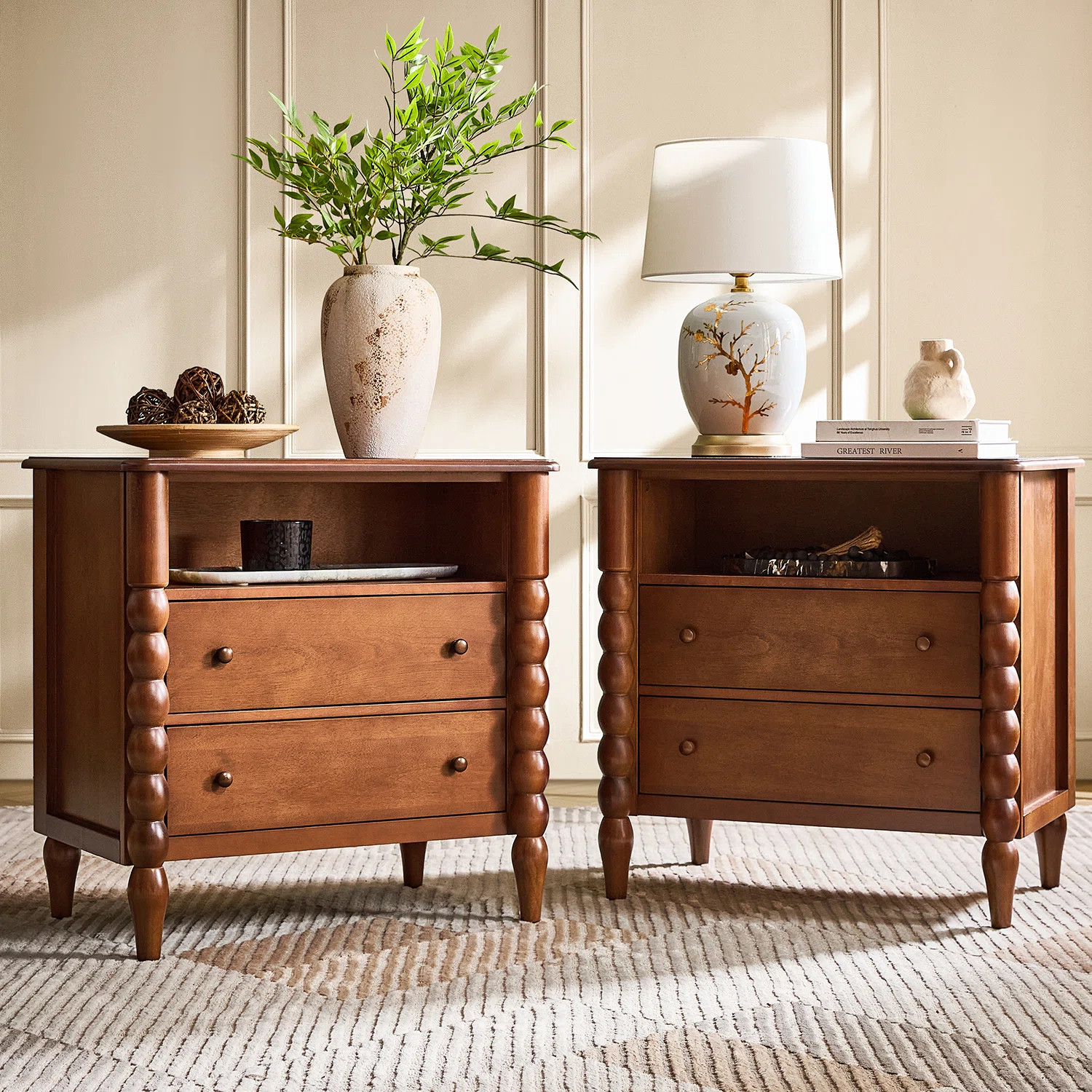 Arifah Transitional 28"W 2-Drawer Spindle-Style Solid Wood Columns End Table with Integrated Powe... | Wayfair North America