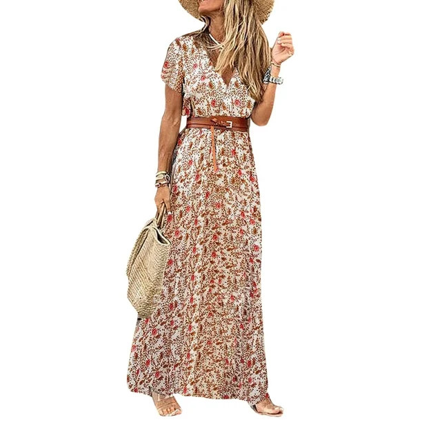 Women Summer Vintage Boho Long Maxi Dress Party Beach Dress Floral Print Sundress With Belt - Wal... | Walmart (US)
