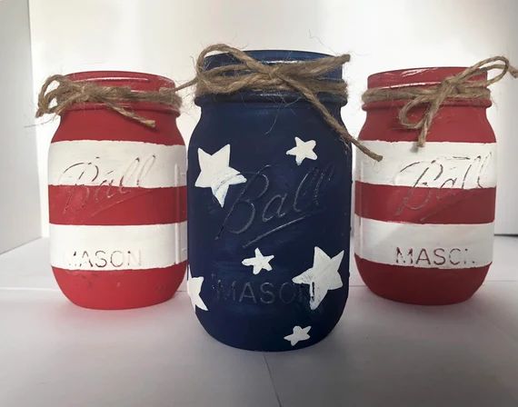 American Flag Mason Jars / 4th of July Decor / 4th of July Mason Jars / Americana Decor / Painted... | Etsy (US)