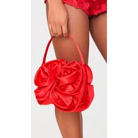 Red Satin Rose Detail Handbag | PrettyLittleThing US