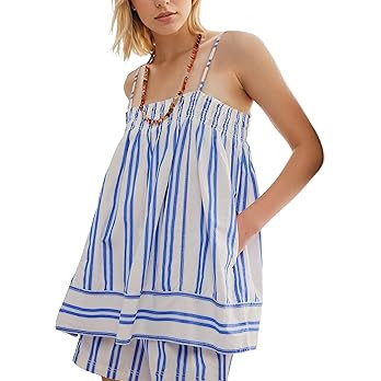 SOOKABEILA Women 2 Piece Lounge Set Sleeveless Striped Cami Peplum Top Boxer Shorts Loose Ruffle ... | Amazon (US)
