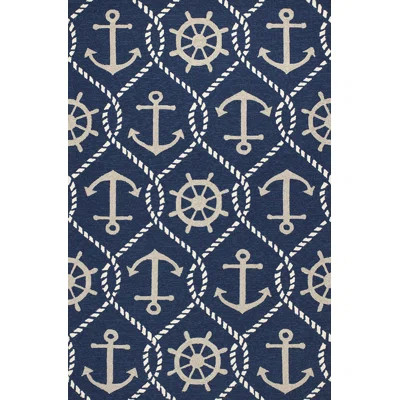 Meader Abstract Handmande Hooked Navy Blue/Gray Indoor/Outdoor Area Rug | Wayfair North America