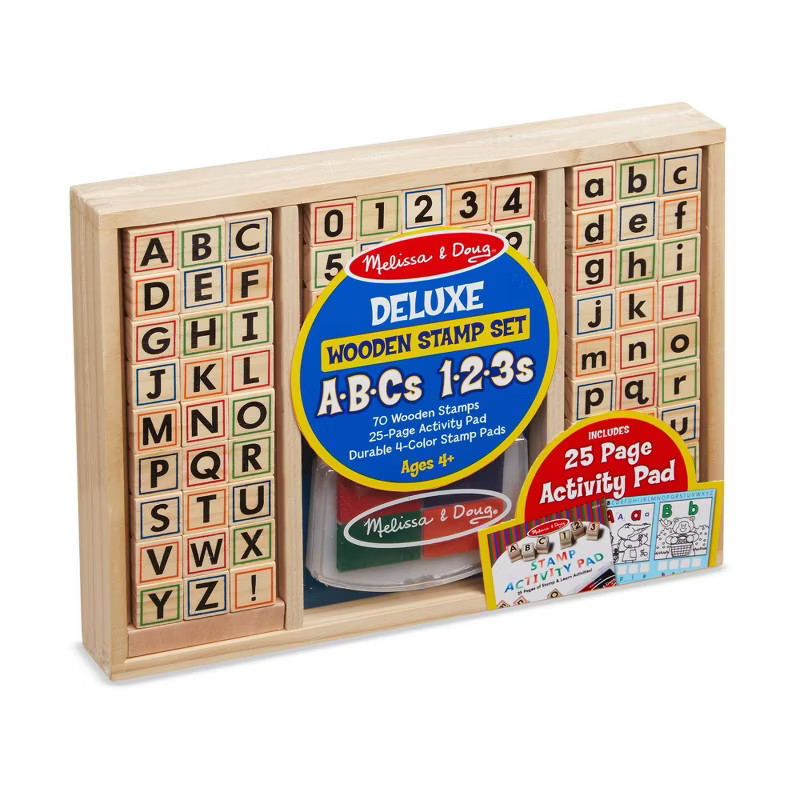 Melissa & Doug Deluxe Letters and Numbers Wooden Stamp Set ABCs 123s With Activity Book, 4-Color ... | Target