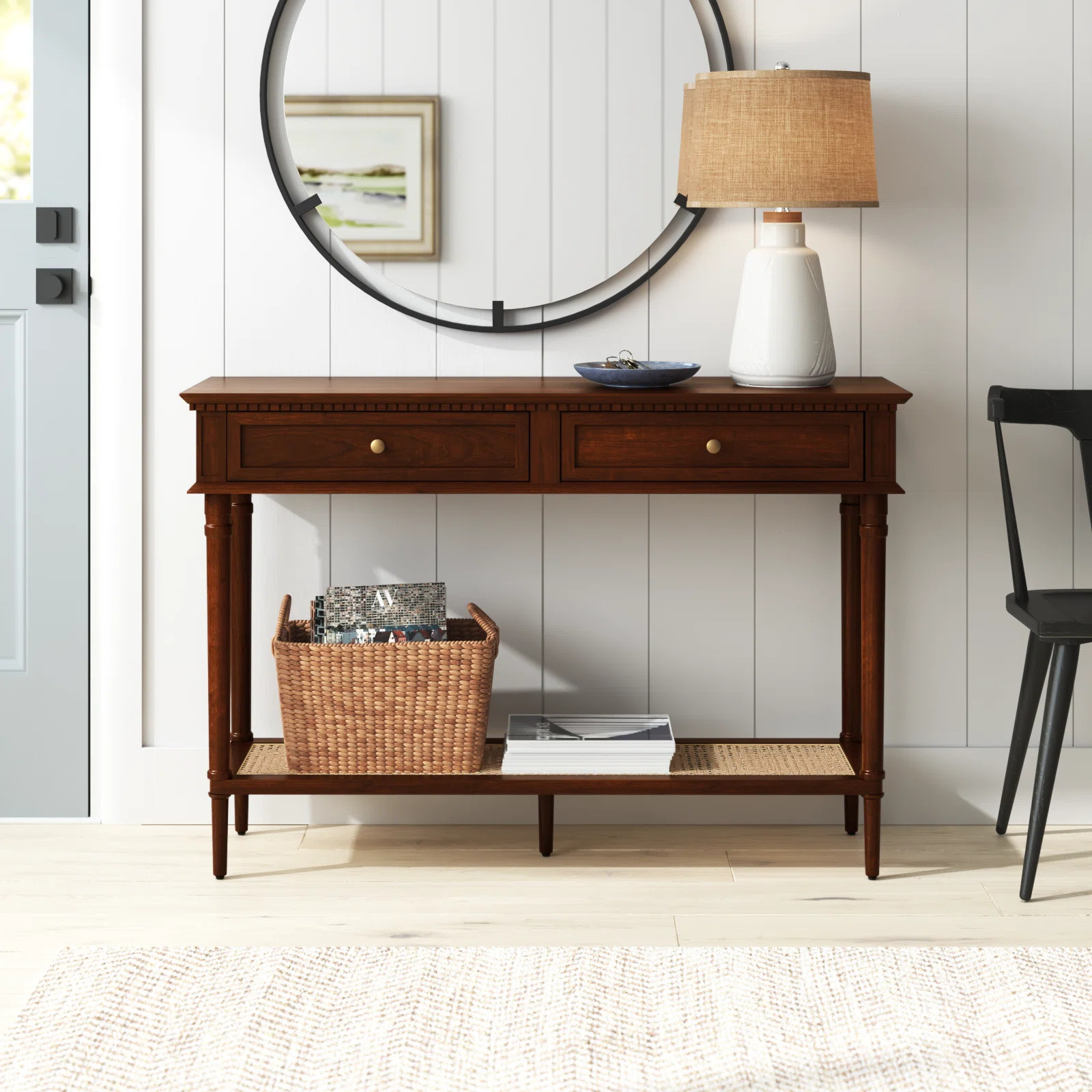 Ayleena Maxwelton Solid Wood Console Table with 2 Drawers and Woven Cane Storage Shelf | Wayfair North America