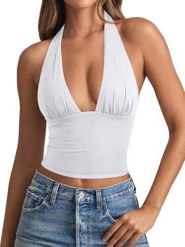 REORIA Women's Halter Tops Plunge Neck Backless Double Lined Sexy Going Out Crop Tops Summer Outf... | Amazon (US)